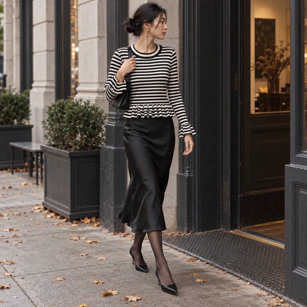 Bebe Black White Striped Peplum Ribbed Knit Ruffle Hem Crew Neck Sweater L Y2K